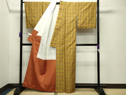 平和屋着物●黄八丈 紬 格子柄 正絹 逸品 CABC8126gh