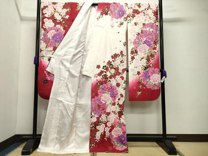 平和屋着物●豪華振袖 刺繍 舞梅花文 暈し染め 金彩 正絹 逸品 CABC8139gh