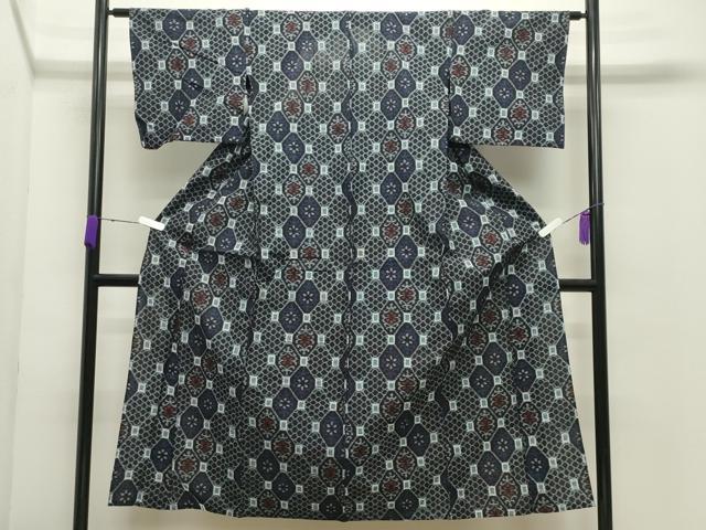 平和屋着物●久留米絣　単衣　亀甲花文　綿　逸品　CABC8141gh