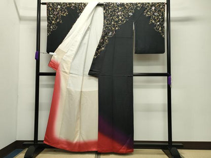 平和屋着物●染織作家　染織デザイナー　大島明　訪問着　更紗花唐草文　暈し染め　黒地　金銀彩　正絹　逸品　CABC8204gh