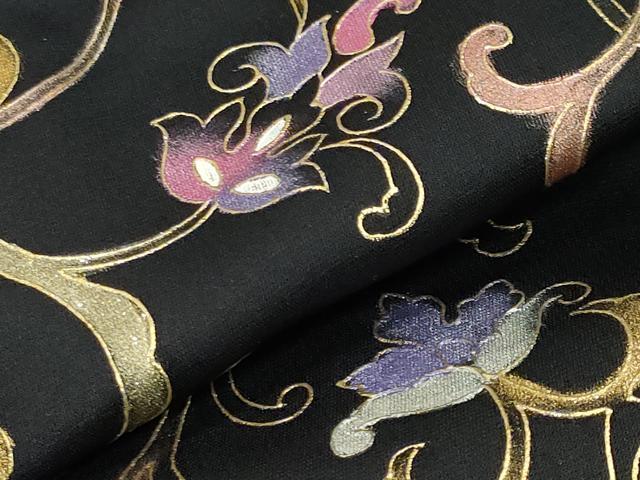 平和屋着物●染織作家　染織デザイナー　大島明　訪問着　更紗花唐草文　暈し染め　黒地　金銀彩　正絹　逸品　CABC8204gh
