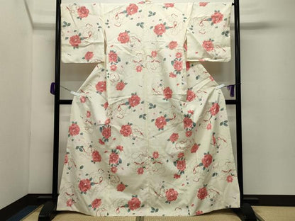 平和屋着物●小紋　牡丹花文　洗える着物　CABC8209gh