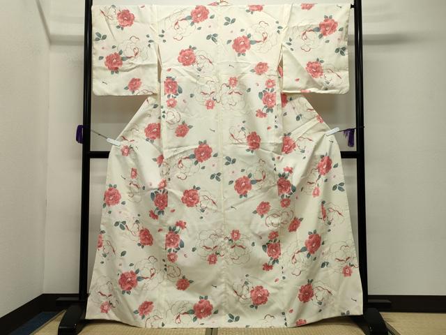 平和屋着物●小紋　牡丹花文　洗える着物　CABC8209gh