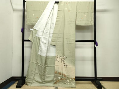 平和屋着物●中国三大刺繍　相良刺繍　訪問着　枝椿花文　暈し染め　ロング丈　正絹　逸品　未使用　CABC8214gh
