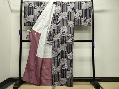 平和屋着物●小紋　牡丹花文　洗える着物　CABC8216gh