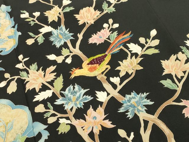 平和屋着物●セミアンティーク　黒留袖　駒刺繍　鳳凰更紗花唐草文　金糸　正絹　逸品　CABC8219hgh