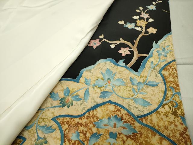 平和屋着物●セミアンティーク　黒留袖　駒刺繍　鳳凰更紗花唐草文　金糸　正絹　逸品　CABC8219hgh