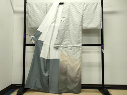 平和屋着物●訪問着 ぜんまい紬 市松霞文 正絹 逸品 CABC8221gh