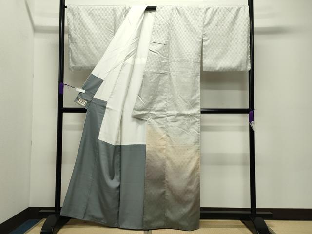 平和屋着物●訪問着 ぜんまい紬 市松霞文 正絹 逸品 CABC8221gh