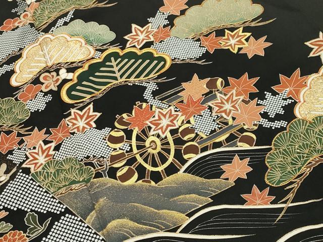 平和屋着物●創業460年・千總　黒留袖　駒刺繍　浜松水車草花文　金彩　正絹　逸品　CABC8229gh