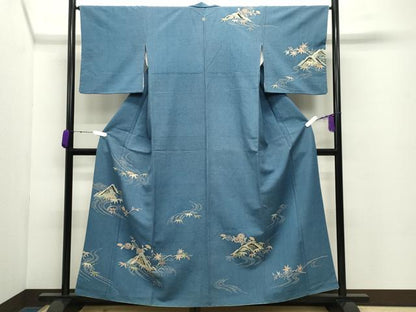 平和屋着物●訪問着　紬地　型染め　流水笹花文　正絹　逸品　CABC8234gh