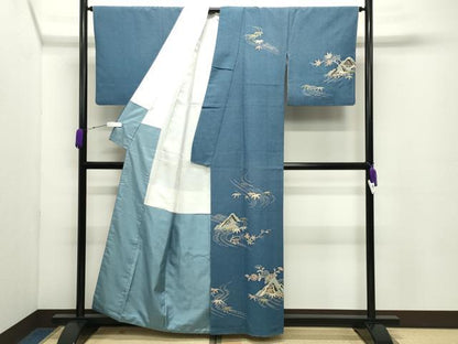 平和屋着物●訪問着　紬地　型染め　流水笹花文　正絹　逸品　CABC8234gh