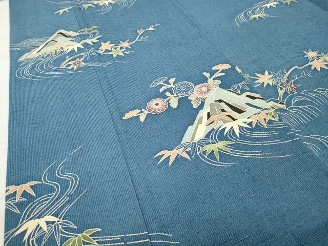 平和屋着物●訪問着　紬地　型染め　流水笹花文　正絹　逸品　CABC8234gh