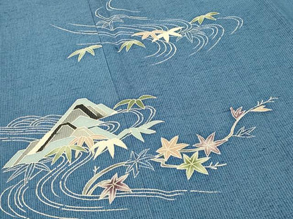 平和屋着物●訪問着　紬地　型染め　流水笹花文　正絹　逸品　CABC8234gh