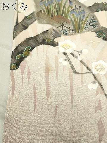 平和屋着物●染織界の匠 村松祥三 訪問着 手描き 鴛鴦地紙枝梅文 暈し染め 金銀彩 ロング丈 正絹 逸品 CABC8269gh