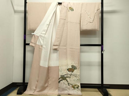 平和屋着物●染織界の匠 村松祥三 訪問着 手描き 鴛鴦地紙枝梅文 暈し染め 金銀彩 ロング丈 正絹 逸品 CABC8269gh