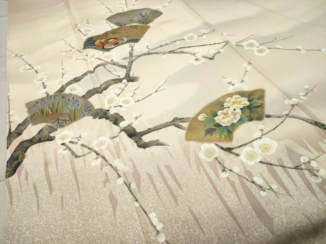平和屋着物●染織界の匠 村松祥三 訪問着 手描き 鴛鴦地紙枝梅文 暈し染め 金銀彩 ロング丈 正絹 逸品 CABC8269gh