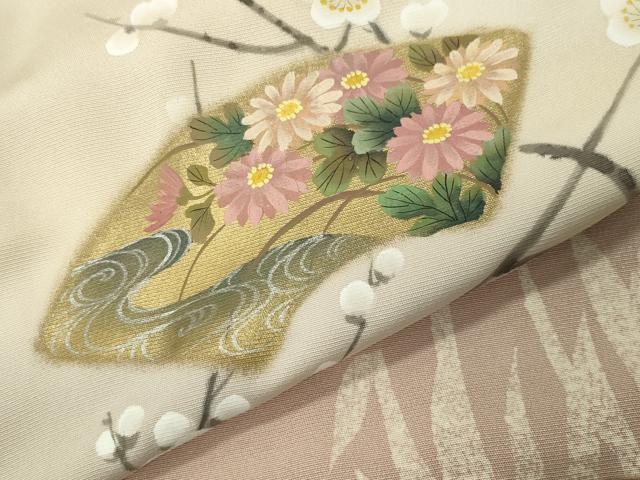 平和屋着物●染織界の匠 村松祥三 訪問着 手描き 鴛鴦地紙枝梅文 暈し染め 金銀彩 ロング丈 正絹 逸品 CABC8269gh