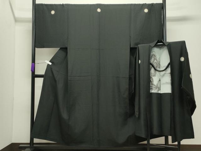 平和屋着物●男性　黒紋付　羽織セット　羽裏：風景文　キングサイズ　正絹　逸品　CABC8288gh