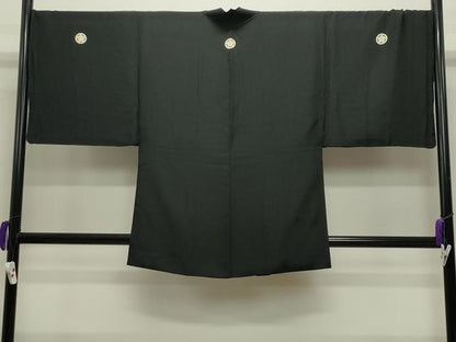 平和屋着物●男性　黒紋付　羽織セット　羽裏：風景文　キングサイズ　正絹　逸品　CABC8288gh
