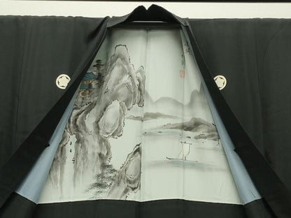 平和屋着物●男性　黒紋付　羽織セット　羽裏：風景文　キングサイズ　正絹　逸品　CABC8288gh