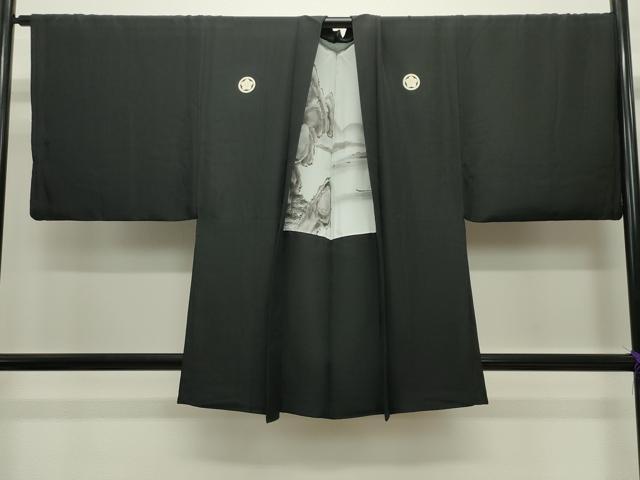 平和屋着物●男性　黒紋付　羽織セット　羽裏：風景文　キングサイズ　正絹　逸品　CABC8288gh