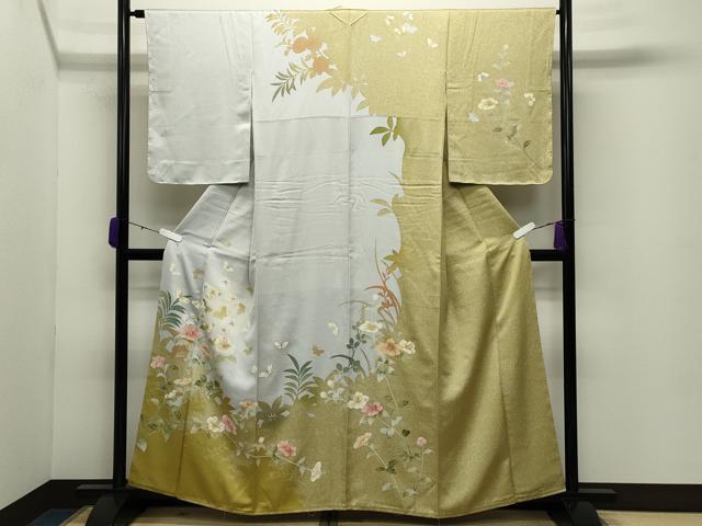 平和屋着物●訪問着　舞蝶花文　蛍暈し　金彩　反端付き　正絹　逸品　未使用　CABC8289gh