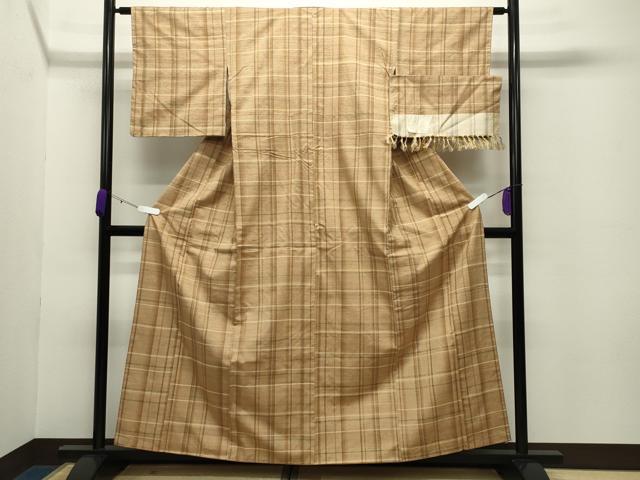 平和屋着物●伝統工芸品　伊那紬　手織り　格子柄　証紙付き　正絹　逸品　未使用　CABC8299gh