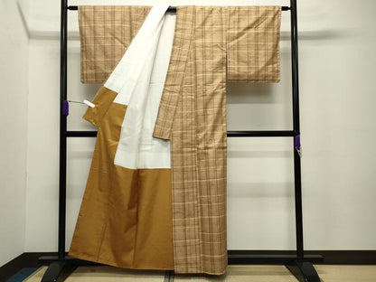 平和屋着物●伝統工芸品　伊那紬　手織り　格子柄　証紙付き　正絹　逸品　未使用　CABC8299gh