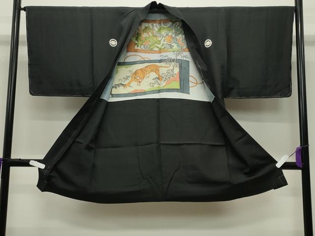 平和屋着物●男性　黒紋付　羽織セット　羽裏：龍　虎　正絹　逸品　未使用　CABC8301gh