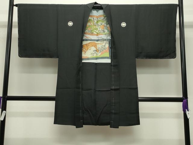 平和屋着物●男性　黒紋付　羽織セット　羽裏：龍　虎　正絹　逸品　未使用　CABC8301gh