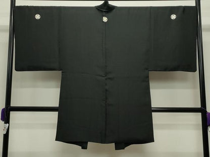 平和屋着物●男性　黒紋付　羽織セット　羽裏：地紙人物風景文　正絹　逸品　CABC8302gh