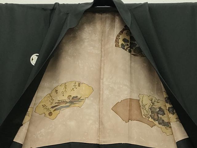 平和屋着物●男性　黒紋付　羽織セット　羽裏：地紙人物風景文　正絹　逸品　CABC8302gh