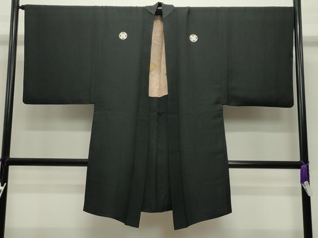 平和屋着物●男性　黒紋付　羽織セット　羽裏：地紙人物風景文　正絹　逸品　CABC8302gh