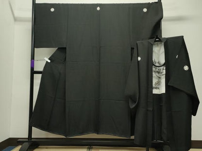 平和屋着物●男性　黒紋付　羽織セット　羽裏：風景文　正絹　逸品　CABC8303gh