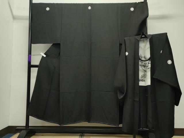 平和屋着物●男性　黒紋付　羽織セット　羽裏：風景文　正絹　逸品　CABC8303gh