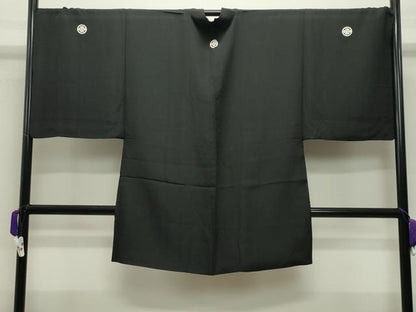 平和屋着物●男性　黒紋付　羽織セット　羽裏：風景文　正絹　逸品　CABC8303gh
