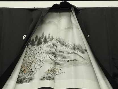 平和屋着物●男性　黒紋付　羽織セット　羽裏：風景文　正絹　逸品　CABC8303gh