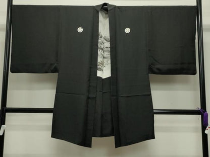平和屋着物●男性　黒紋付　羽織セット　羽裏：風景文　正絹　逸品　CABC8303gh