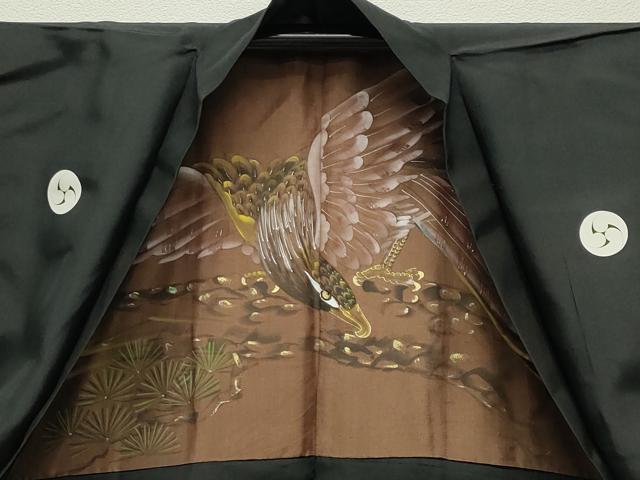 平和屋着物●男性　黒紋付　羽織セット　羽裏：鷹　正絹　逸品　未使用　CABC8304gh