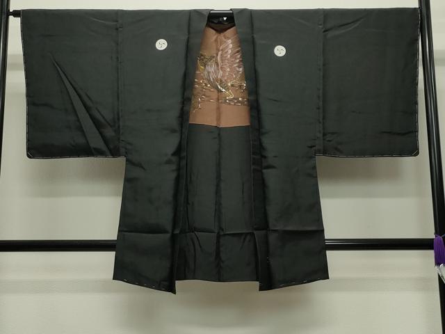 平和屋着物●男性　黒紋付　羽織セット　羽裏：鷹　正絹　逸品　未使用　CABC8304gh