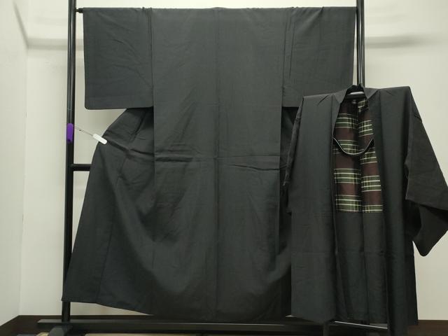 平和屋着物●男性　紬　アンサンブル　格子柄　正絹　逸品　CABC8305gh