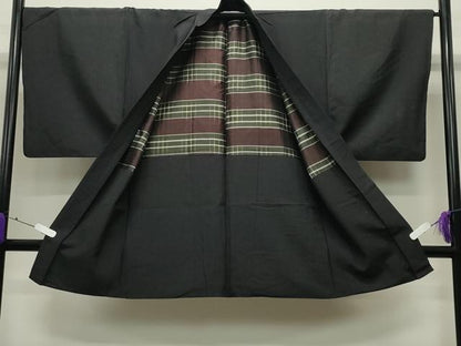 平和屋着物●男性　紬　アンサンブル　格子柄　正絹　逸品　CABC8305gh