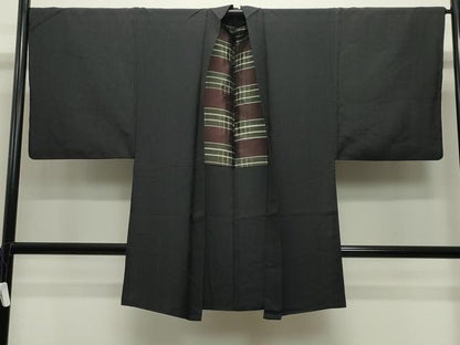 平和屋着物●男性　紬　アンサンブル　格子柄　正絹　逸品　CABC8305gh