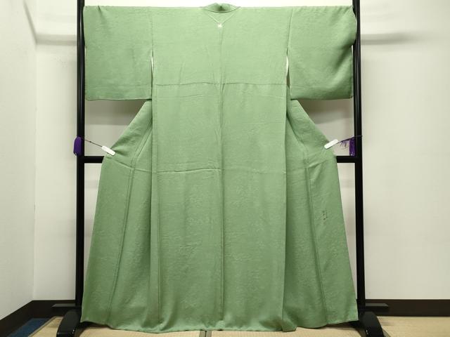 平和屋着物●本加賀友禅作家　梶山伸監修　色無地　風景松竹梅地紋　柳色　正絹　逸品　CABC8334gh