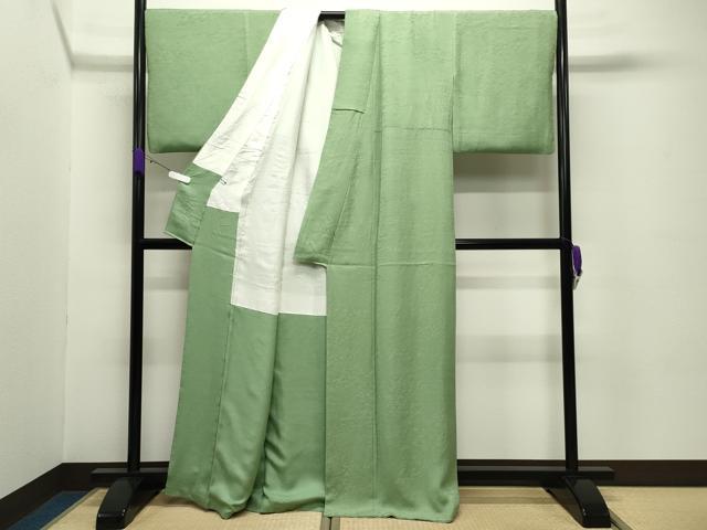 平和屋着物●本加賀友禅作家　梶山伸監修　色無地　風景松竹梅地紋　柳色　正絹　逸品　CABC8334gh