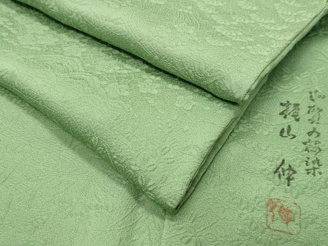 平和屋着物●本加賀友禅作家　梶山伸監修　色無地　風景松竹梅地紋　柳色　正絹　逸品　CABC8334gh