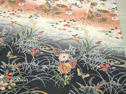 平和屋着物●訪問着　流水舞蝶花文　暈し染め　金彩　正絹　逸品　CABC8339gh