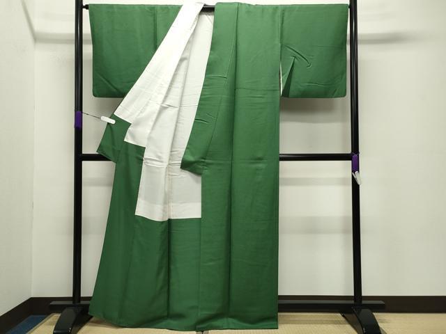 平和屋着物●上質な色無地　草花地紋　深緑色　正絹　逸品　CABC8349gh
