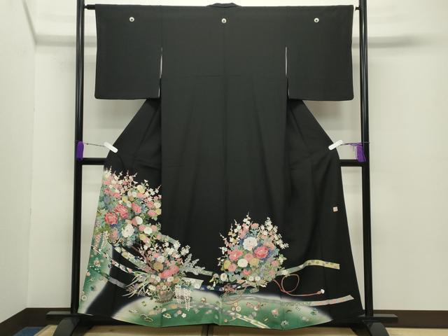 平和屋着物●豪華黒留袖　友禅　作家物　宝尽くし花車文　暈し染め　正絹　逸品　CABC8351gh